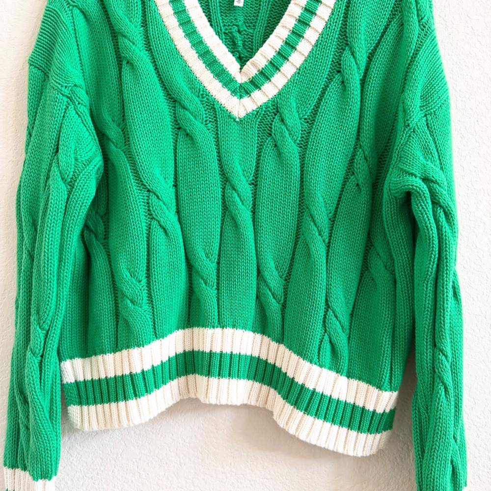 Aerie Kelly Green Cable Knit Varsity V-Neck Sweater Sz S Cotton Tennis Prep - Picture 5 of 11